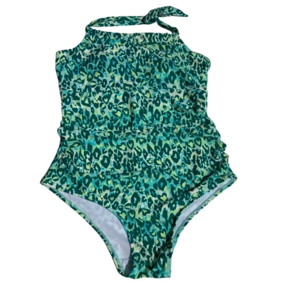 Serra NWT Swimsuit One Piece Halter Blue-Green Cheetah Premium Molded Cups Large